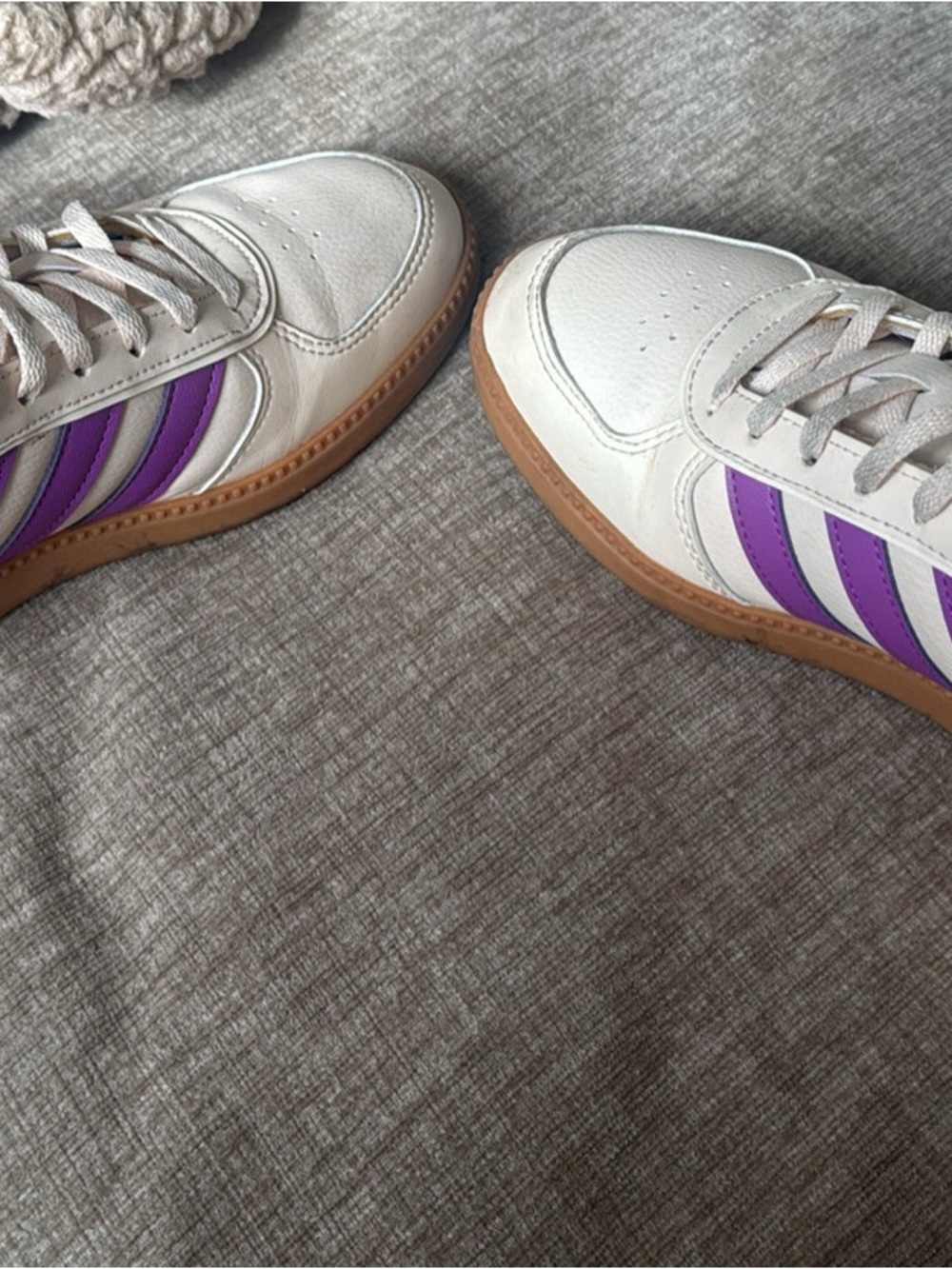 White Leather Sneakers with Purple Stripes and Gum Sole